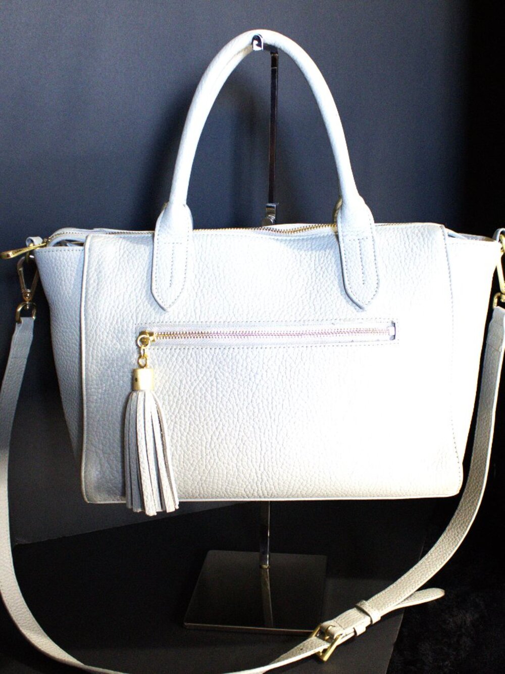 Gi&Gi International, Light Gray Pebbled Leather Satchel Crossbody Strap, Tassel